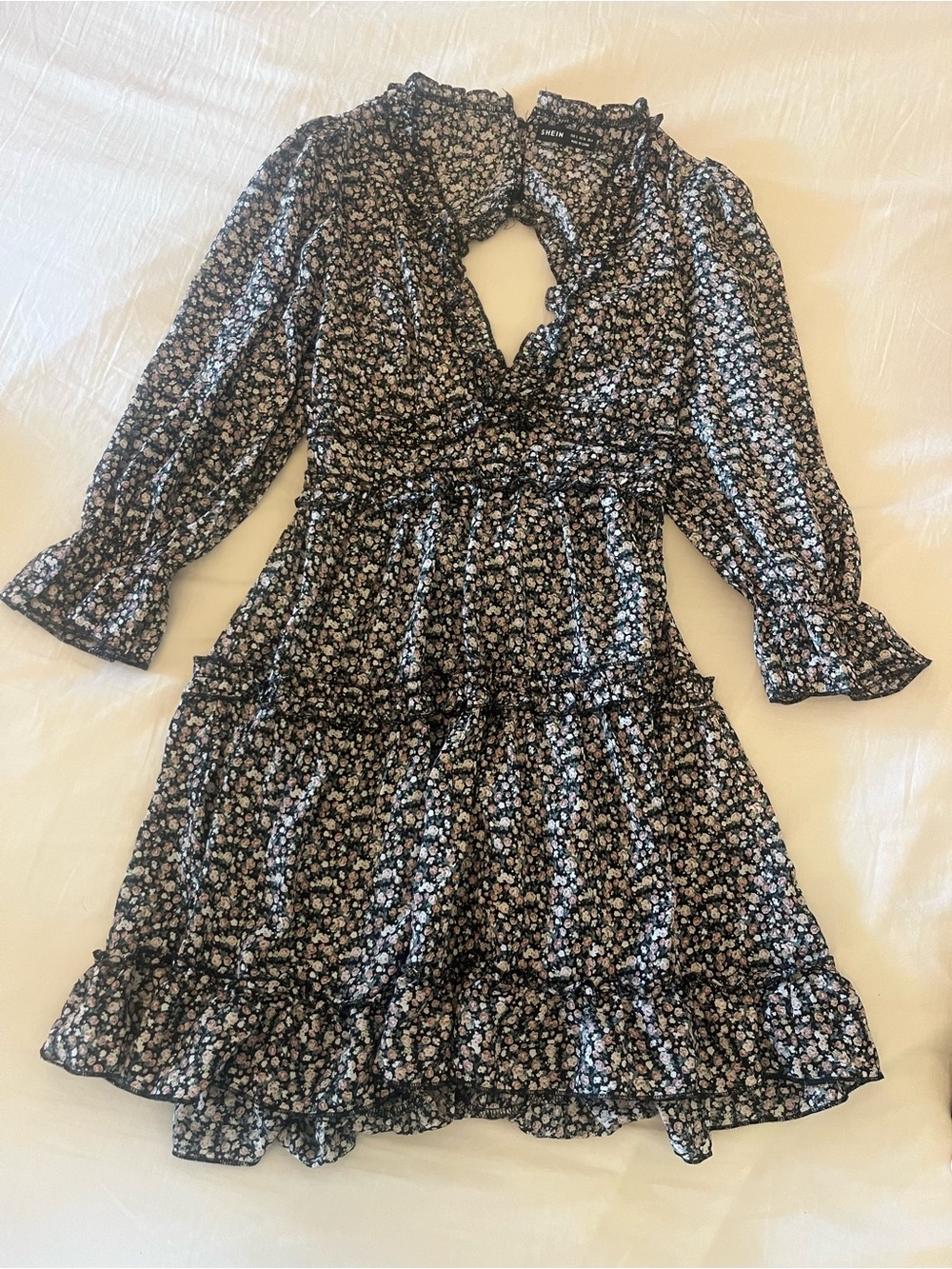 SHEIN Black Floral Ruffle Tiered Long Sleeve Dress